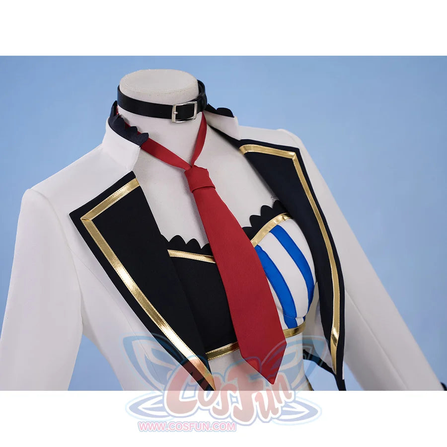 Pretty Derby Oguri Cap Cosplay Costume, the top is black with blue and white stripes and has gold trim.