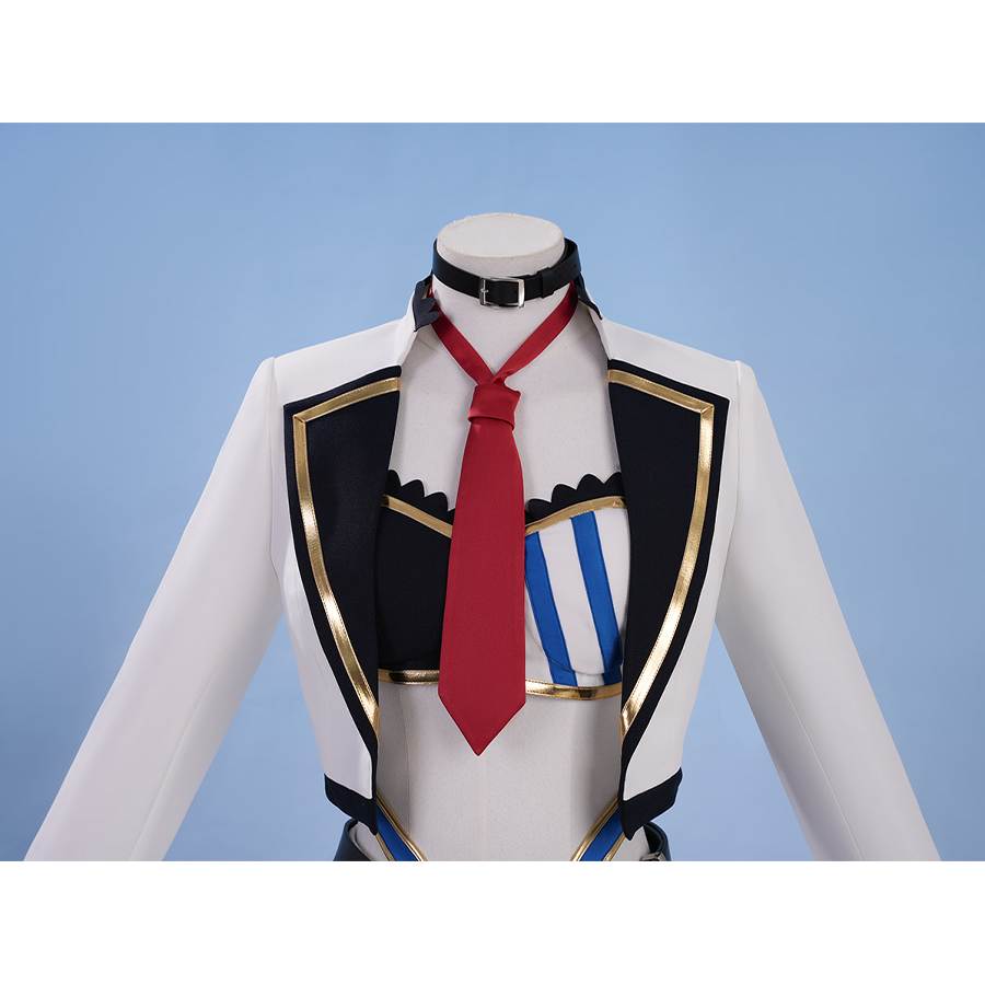Pretty Derby Oguri Cap Cosplay Costume, white coat with black collar and gold strap decoration.