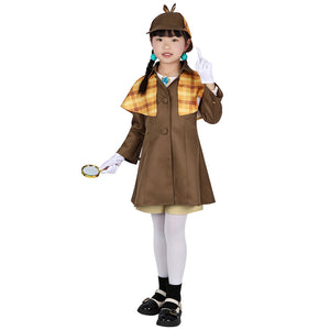 Front display of the Detective Peach costume, featuring the brown coat, checkered cape, hat, and accessories like the magnifying glass.