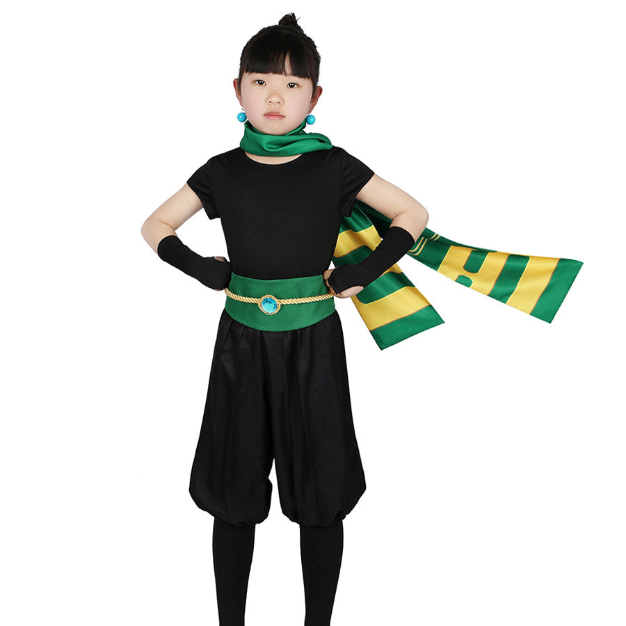 Front view showcasing the Ninja Peach costume’s black outfit, green scarf, and belt with a blue gem.