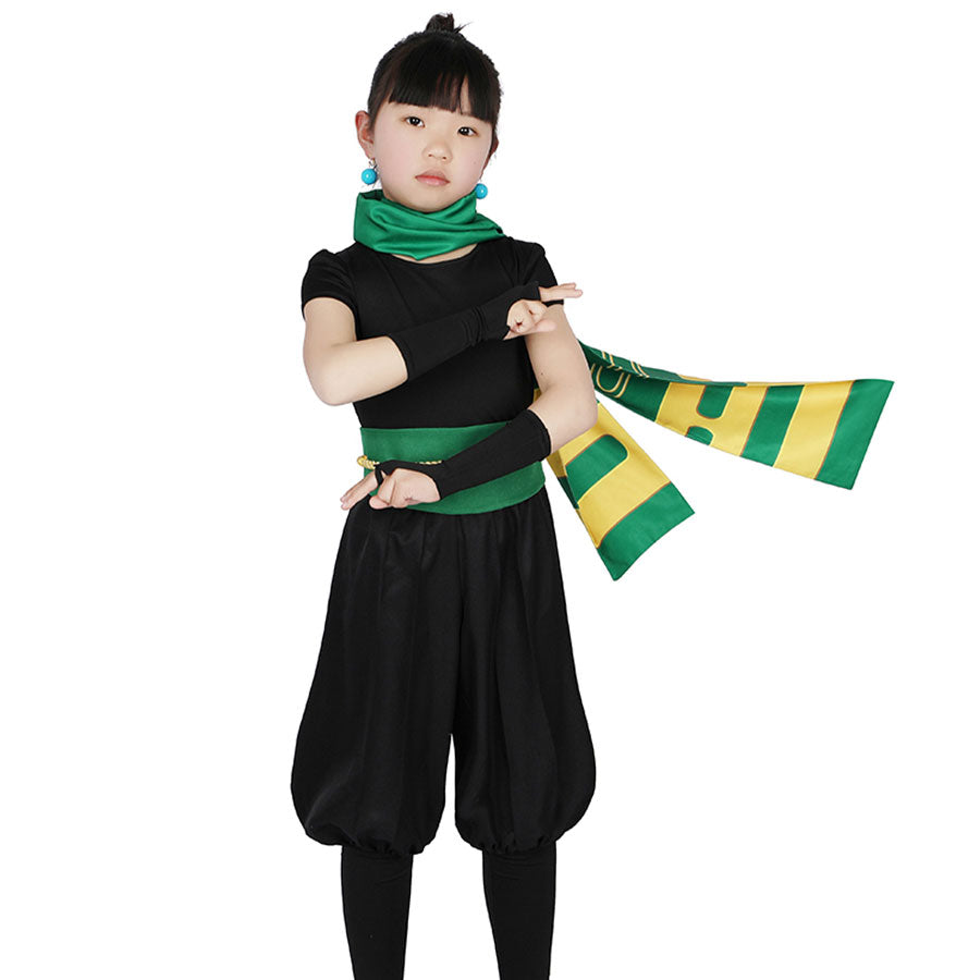 Front view showcasing the Ninja Peach costume’s black outfit, green scarf, and belt with a blue gem.