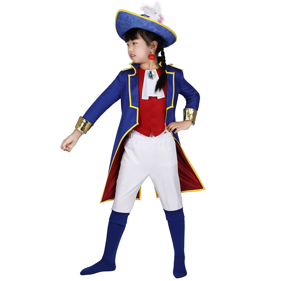 A child in the Swordfighter Peach cosplay costume, striking an action pose to highlight the outfit’s details, including the blue coat, red vest, and white pants.