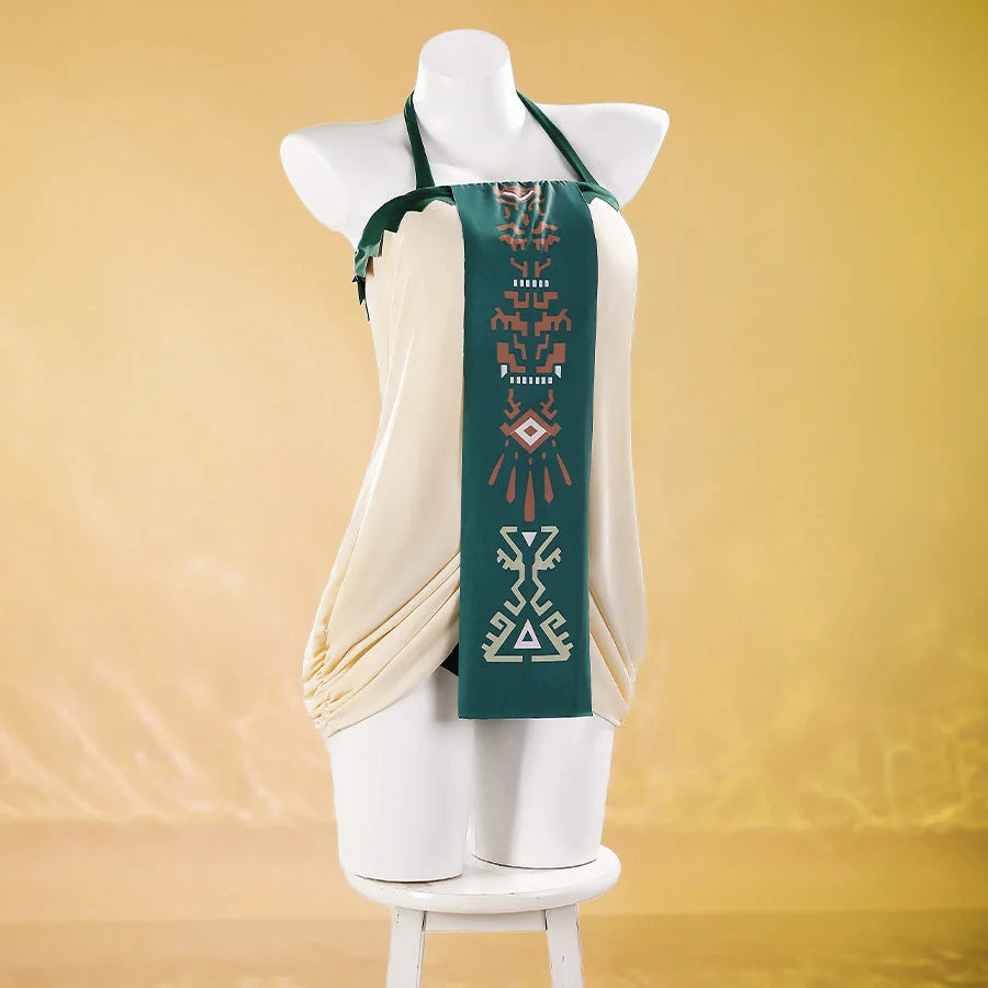 Princess Zelda cosplay swimsuit displayed on mannequin, cream halter swim dress with green Hyrulean symbol sash
