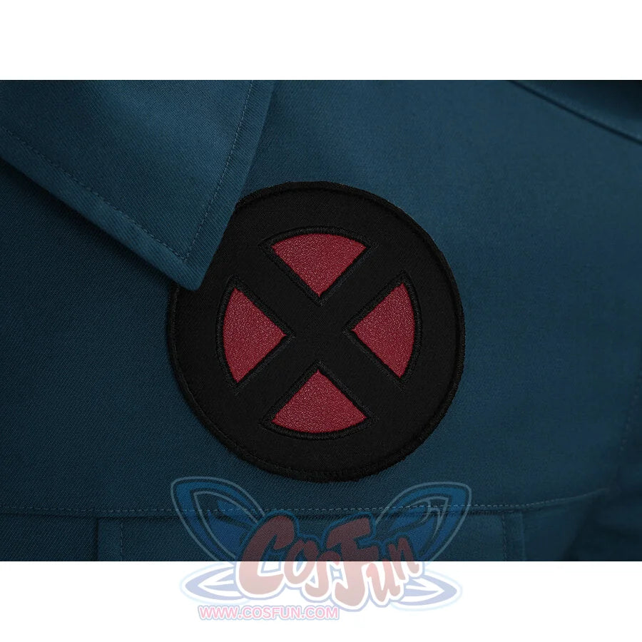 Professor X cosplay costume X-Men logo badge close-up with red and black embroidered detail
