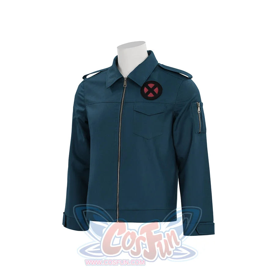 Professor X cosplay costume jacket in teal, three-quarter front view showing zipper and X-Men logo
