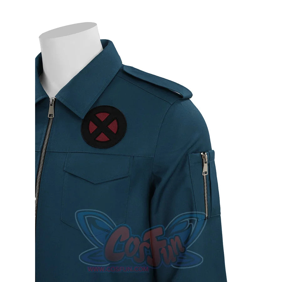 Professor X cosplay costume jacket featuring X-Men badge, chest pocket, and sleeve zipper in teal