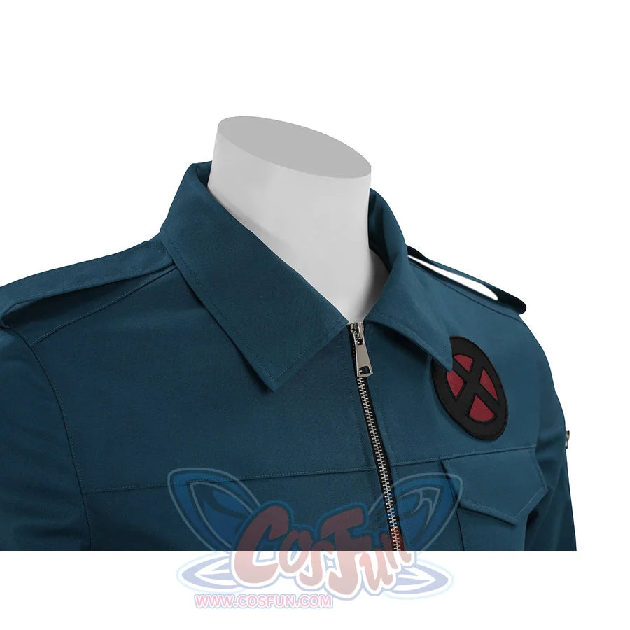 Professor X cosplay costume jacket close-up of zipper, X-Men badge, and collar details in teal