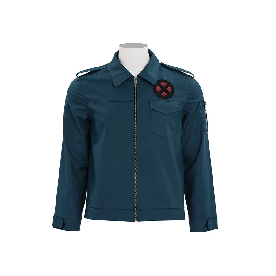 Professor X cosplay costume jacket in teal with X-Men badge, front view on mannequin