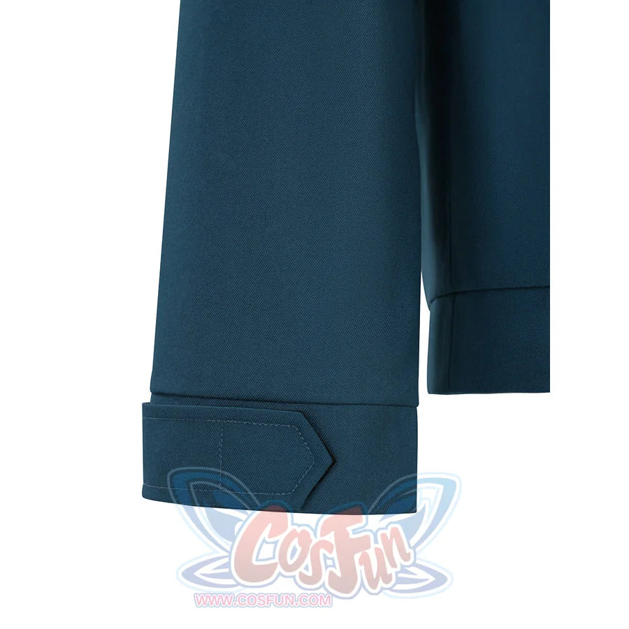 Professor X cosplay costume jacket in teal showing hem and cuff stitching detail close-up