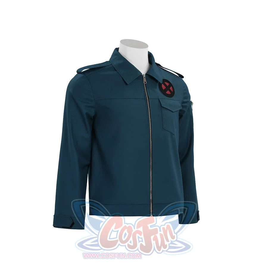 Professor X cosplay costume jacket in teal, left side view showcasing collar and shoulder details