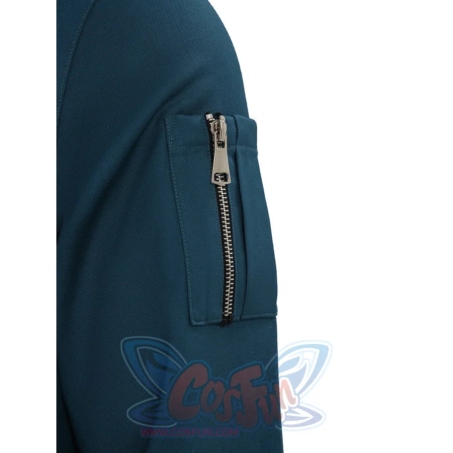 Professor X cosplay costume jacket sleeve zipper detail in teal with metal hardware close-up