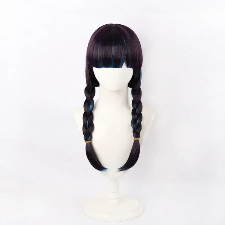 Front view of Psylocke cosplay wig with twin braids and blunt bangs