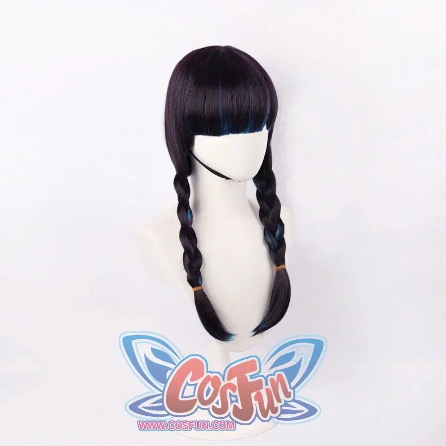 Left front angle of Psylocke cosplay wig showing dual braids and colored highlights