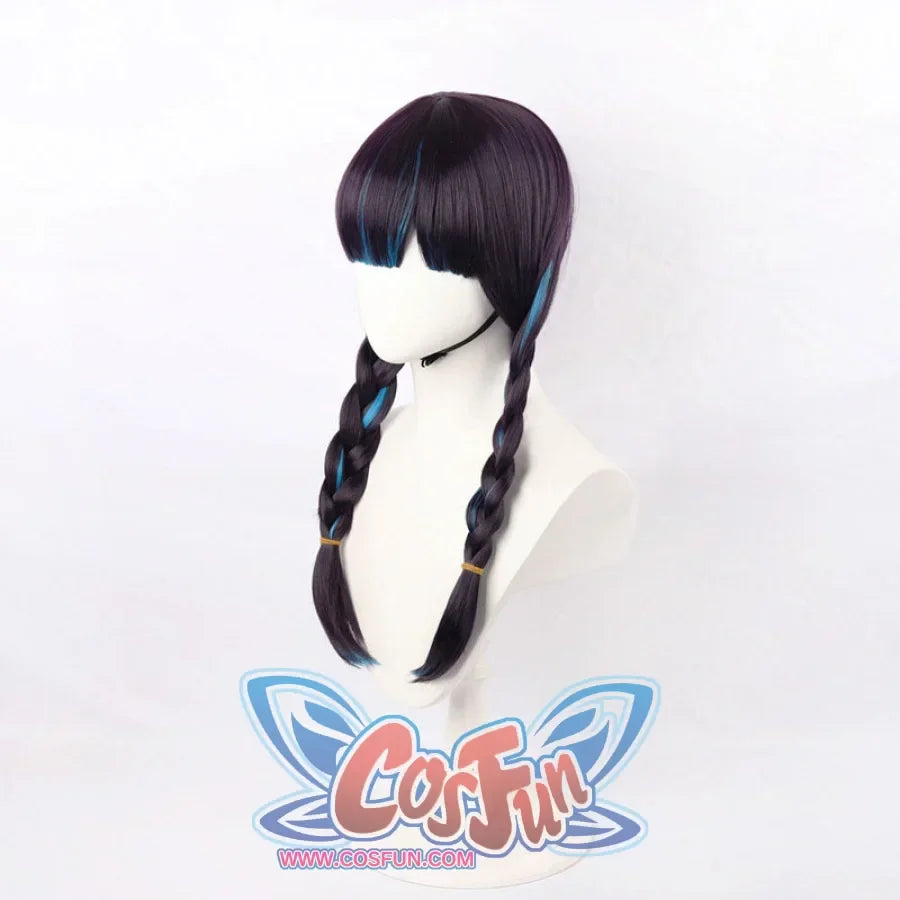 Right front angle of Psylocke cosplay wig featuring blue streaks and symmetrical braids