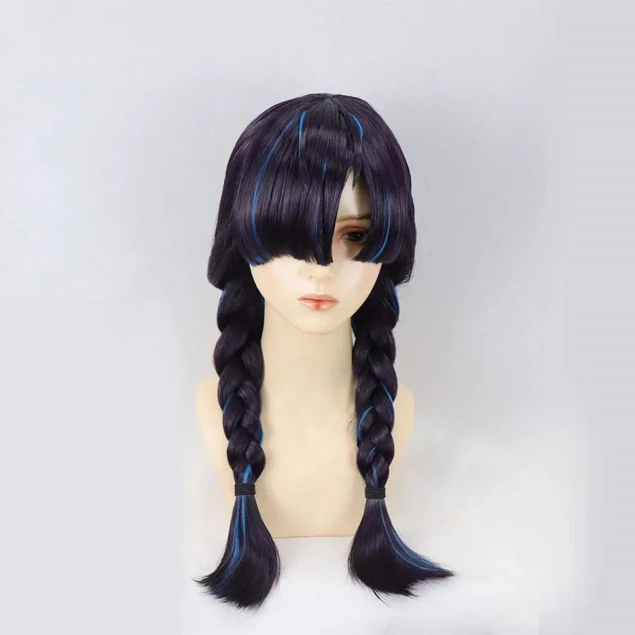 High-end custom Oni Hunter Psylocke wig from Game Rivals, front view with full bangs and dual braids.