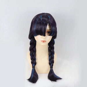 High-end custom Oni Hunter Psylocke wig from Game Rivals, front view with full bangs and dual braids.