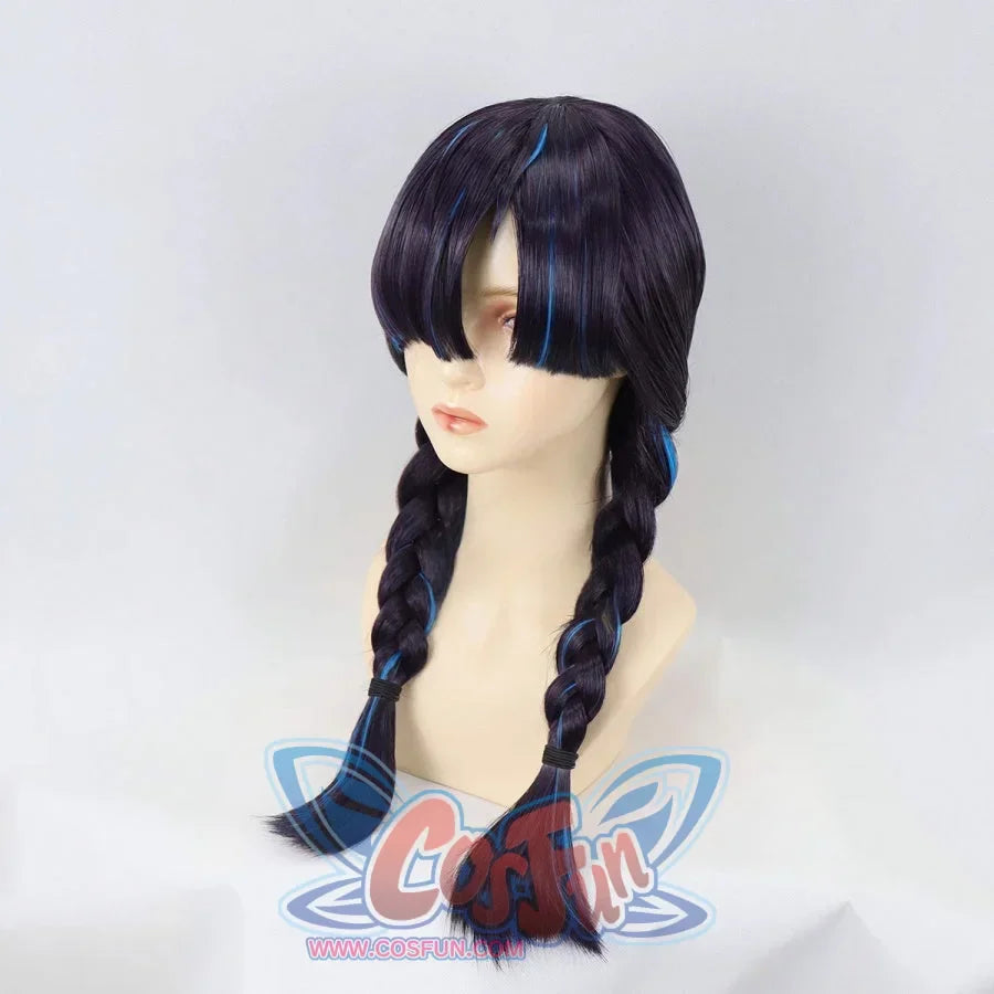 High-end custom Oni Hunter Psylocke wig from Game Rivals, front view with full bangs and dual braids.