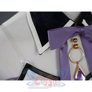 Homura Akemi cosplay costume white collar with black trim and purple bow pendant close-up detail