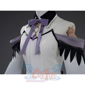 Homura Akemi cosplay costume white bodice top with purple bow, black trim, and shoulder details