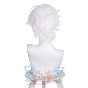 Back view of Qifrey cosplay wig with short white layered hair displayed on mannequin head