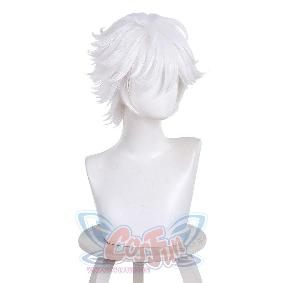 Left side view of Qifrey cosplay wig with short white layered hair on mannequin stand