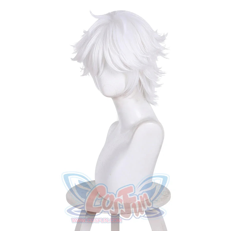 Right side profile of Qifrey cosplay wig with short white layered hair on mannequin
