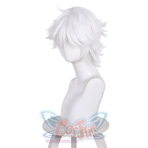 Right side profile of Qifrey cosplay wig with short white layered hair on mannequin