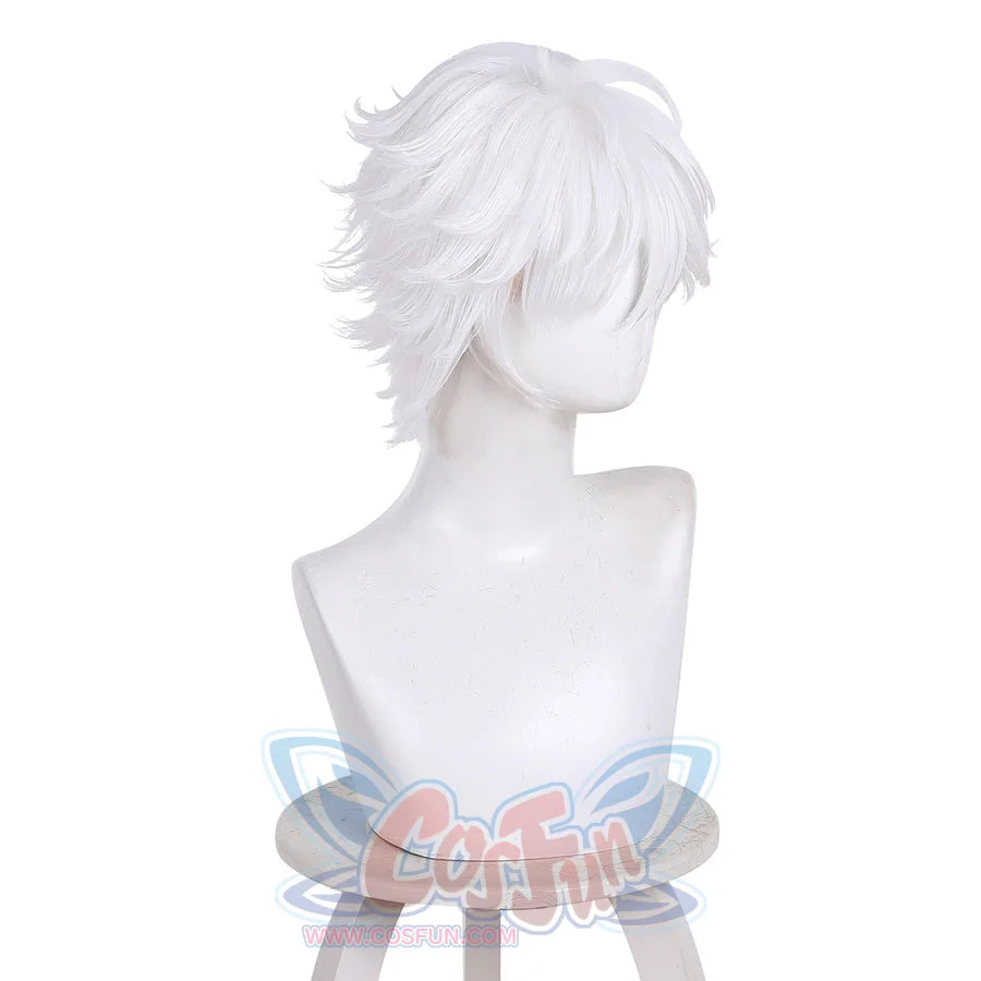Side back view of Qifrey cosplay wig with short white layered hair on mannequin head
