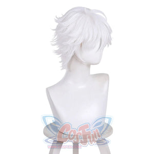Side back view of Qifrey cosplay wig with short white layered hair on mannequin head
