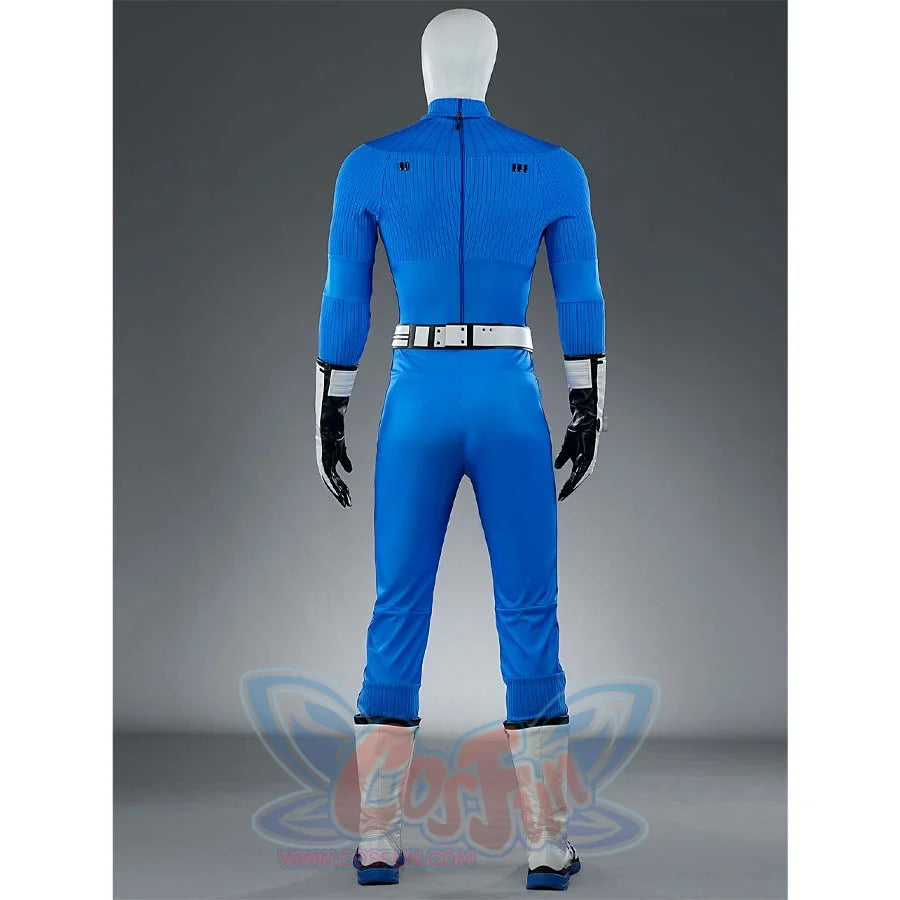 The back view of the Reed Richards cosplay costume, showcasing the design of the blue jumpsuit and the white belt from behind.