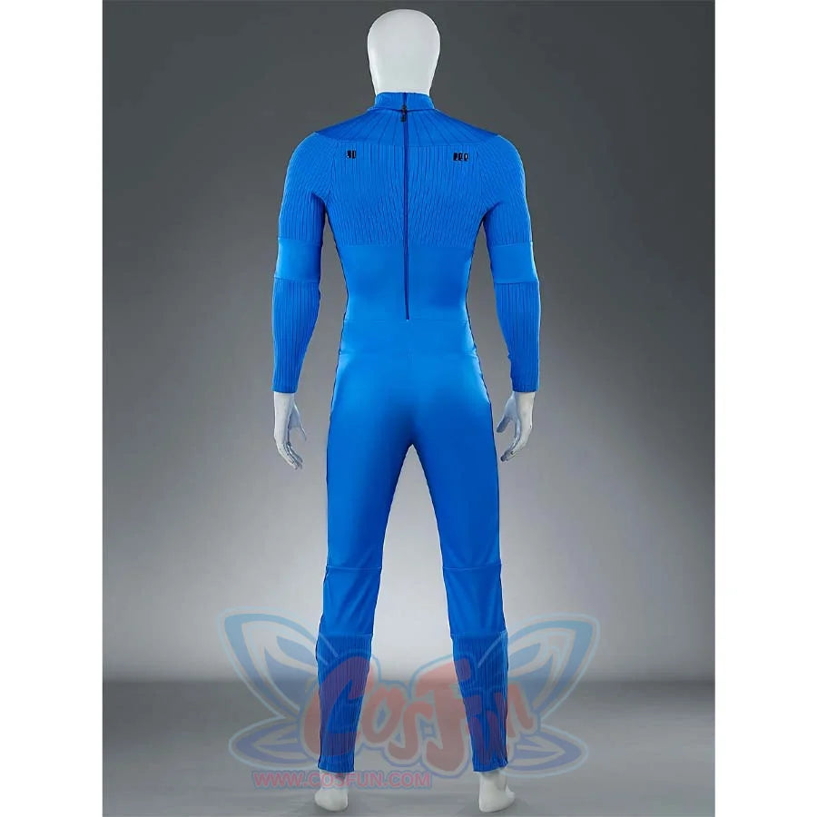 The back view of the Reed Richards cosplay costume without boots, showcasing the design of the blue jumpsuit from behind.