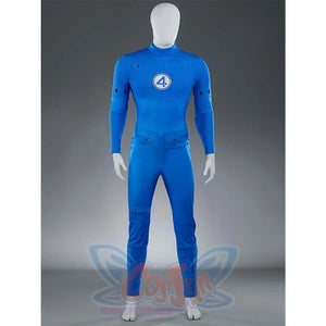 This is the front view of the Reed Richards cosplay costume without boots, showing the blue jumpsuit and the details of the top.