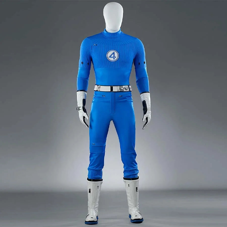 This is the front view of the Reed Richards cosplay costume, showcasing the blue jumpsuit, white belt, and white gloves.