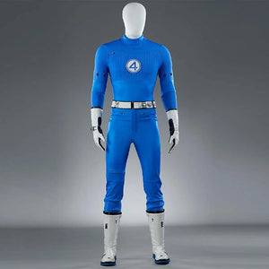 This is the front view of the Reed Richards cosplay costume, showcasing the blue jumpsuit, white belt, and white gloves.