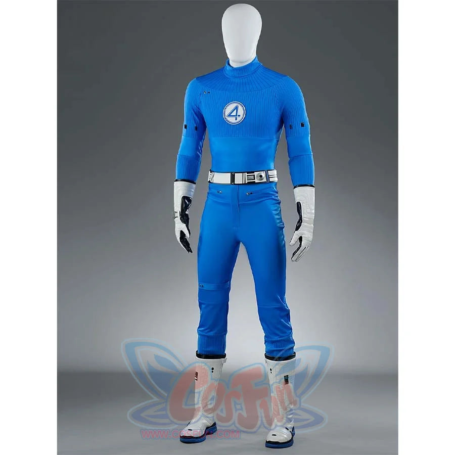 This is the front view of the Reed Richards cosplay costume, showcasing the blue jumpsuit, white belt, and white gloves.