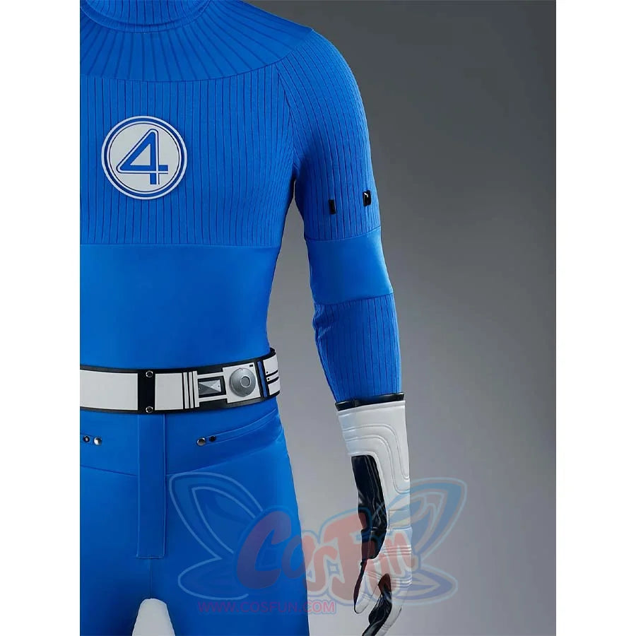 This close-up shows the side detail of the Reed Richards cosplay costume, including the blue sleeve and the white glove.