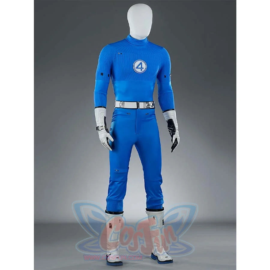 This image shows a slightly turned view of the Reed Richards cosplay costume, highlighting the overall design and the white belt.