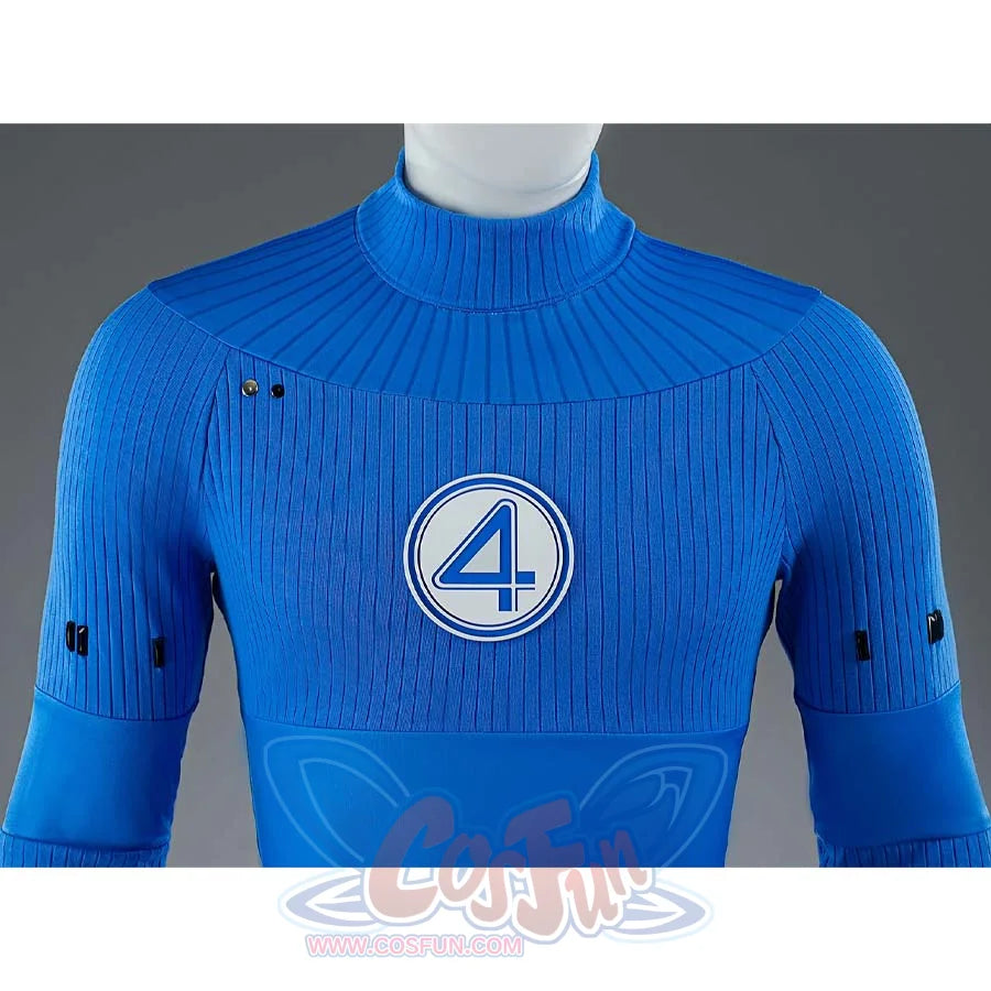This close-up focuses on the upper body of the Reed Richards cosplay costume, highlighting the 