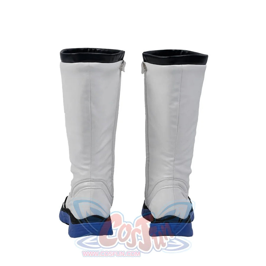 The back view of the cosplay boots, showcasing the white upper, black top edge, and blue sole from behind.