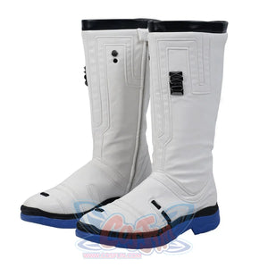 This is the front view of the cosplay boots, showing the white color, black decorations, and blue soles.
