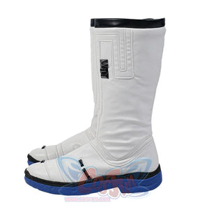 A side view of the cosplay boots, highlighting the white upper, black details, and blue sole.