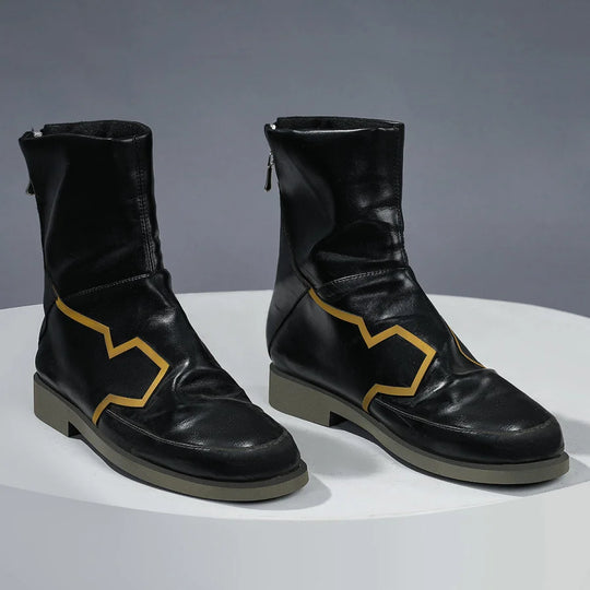 Rerir cosplay boots in black with gold geometric accents, front view of both boots on a white stand.