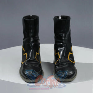 Rerir cosplay boots top view showing bold gold star-shaped accents on the front of both black boots.