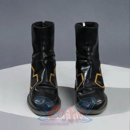 Rerir cosplay boots top view showing bold gold star-shaped accents on the front of both black boots.