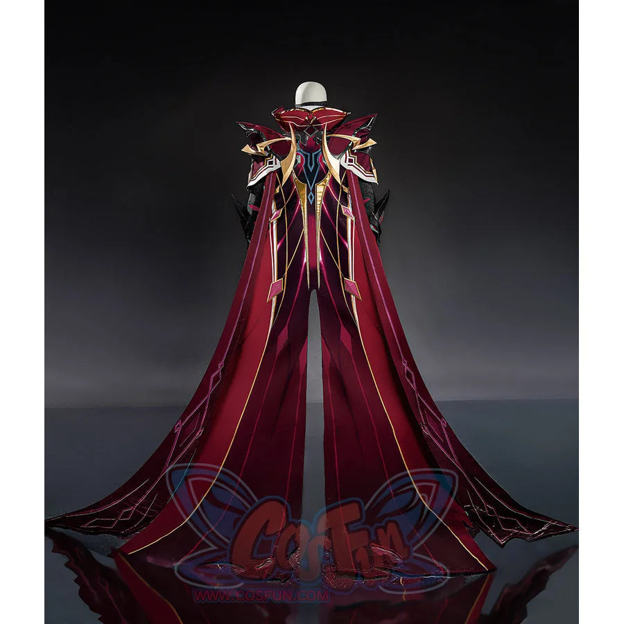 Rerir cosplay back view highlighting the sweeping red cape with gold trim and dark shoulder armor