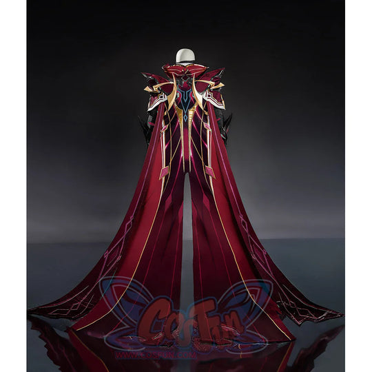 Rerir cosplay back view highlighting the sweeping red cape with gold trim and dark shoulder armor