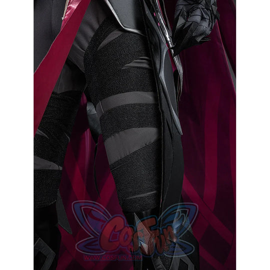 Rerir cosplay leg detail with bandage-wrapped thigh, black armor boot, and red skirt panels