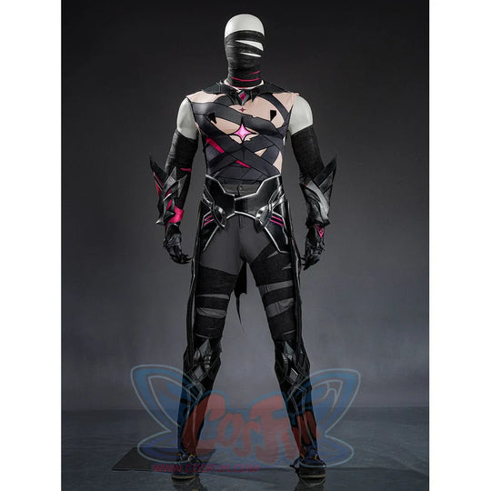 Rerir cosplay black bodysuit inner layer with cross-strap design and pink star chest accent