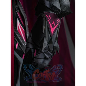Rerir cosplay black geometric boot with dark angular armor and pink lightning bolt emblem