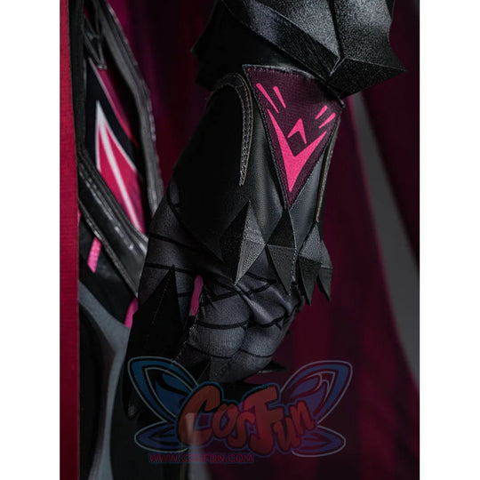 Rerir cosplay black geometric boot with dark angular armor and pink lightning bolt emblem